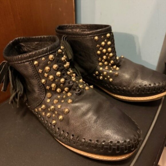 Vintage black leather studded fringe moccasins ankle booties - EU 37 - Picture 7 of 16